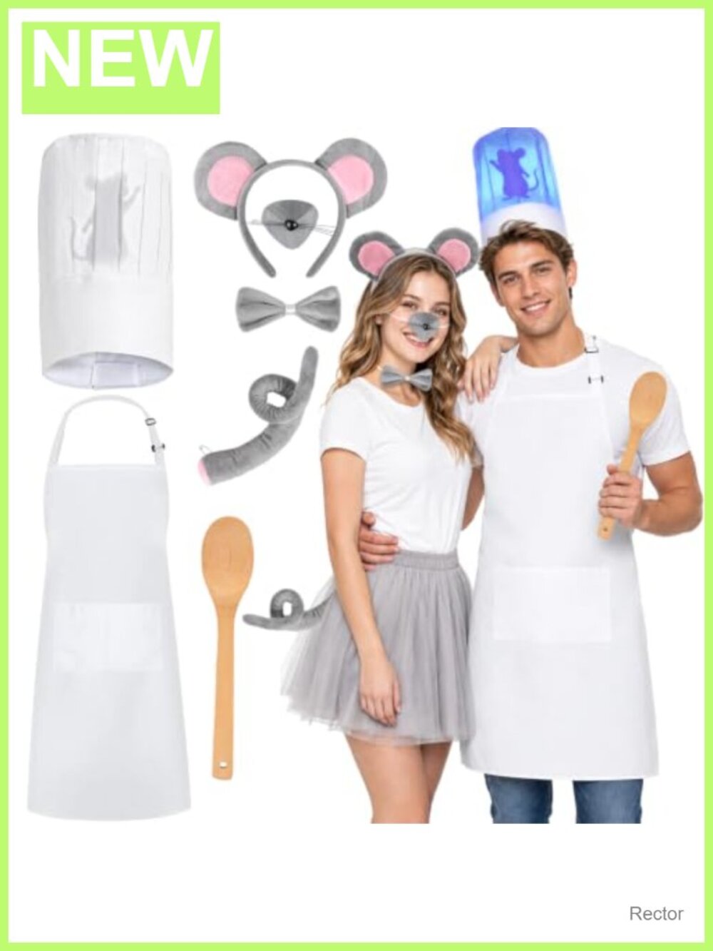 Mouse Chef Couple Costume Set Light-Up Projection Hat Apron Tail Adult Halloween